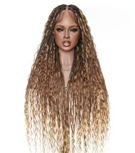 36" Blend Color 1B 30 27 Pre Bleached Human Hair Curls Boho Box Braided Wig