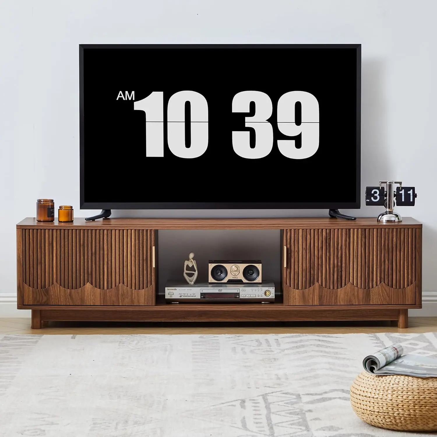 FurSch 62.2" Mid-Century Modern TV Stand, Curved Wooden Media Console with Slatted Storage Doors for 50–70 Inch TVs