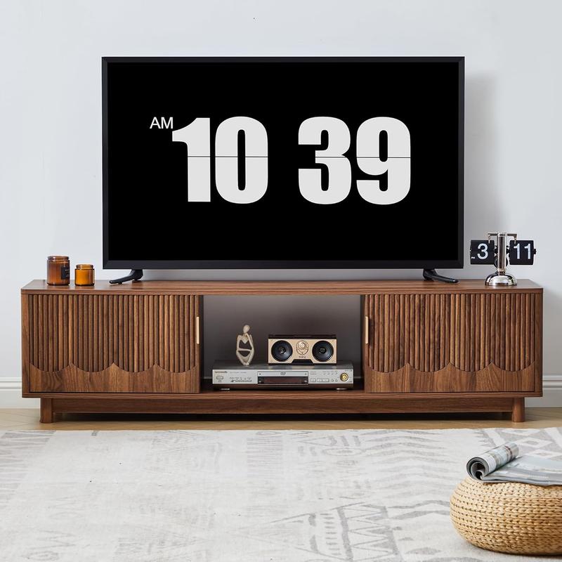Giratree 62.2" Mid-Century Modern TV Stand, Curved Wooden Media Console with Slatted Storage Doors for 50–70 Inch TVs