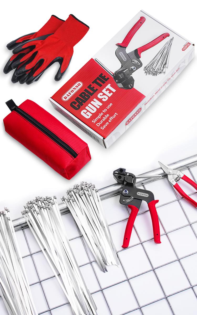 DAFONSO Heavy Duty 304 Stainless Steel Cable Tie Gun Kit-150PCS Metal Zip Ties (3 Sizes), Tensioning/Cutting Tool for Fencing, Chicken Coop, Cable Bundling, Exhaust Repair & Structural Reinforcement