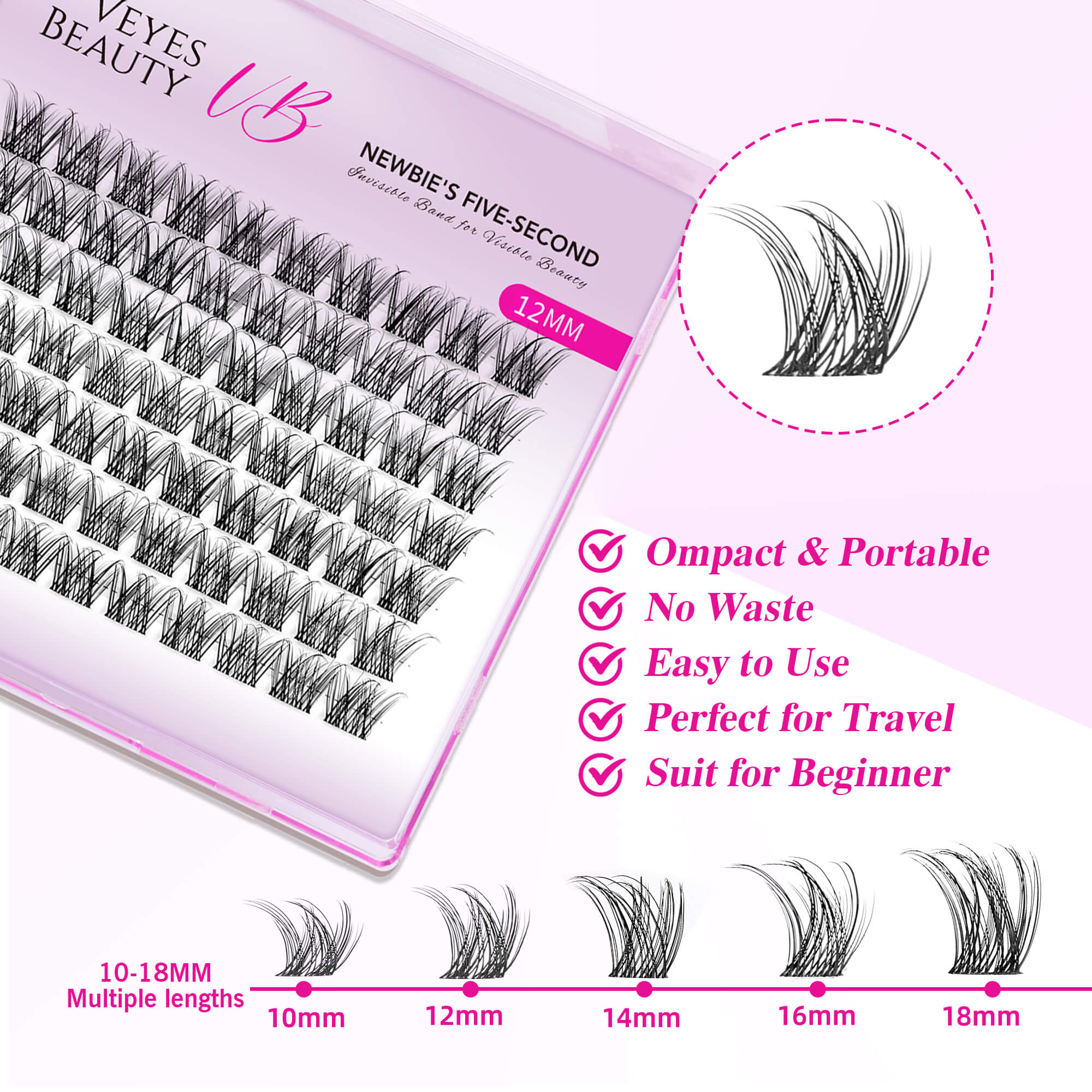 VEYESBEAUTY LuxeBold 10mm-18mm Cluster Lash Single Length Invisible Band Wispy Lightweight Softness Weightless Makeup Eyelash Extensions