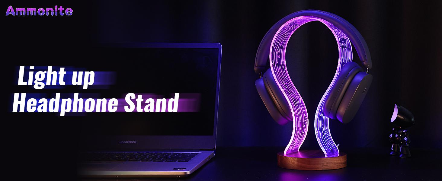 Walnut Wood Headphone Stand with Blue Pink LED Night Light – Perfect Birthday, Valentine’s Day & Christmas Gift for Gamers, Men, and Music Lovers