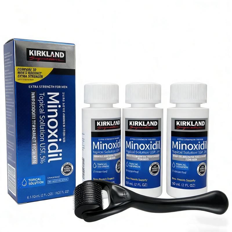 Kirkland Minoxidil 5% Extra Strength 1 to 6 MonthsSupplyWith DermaRoller 0.5MM Men's Hair Growth SerumHairCareDaily Pack Frizz Comfort