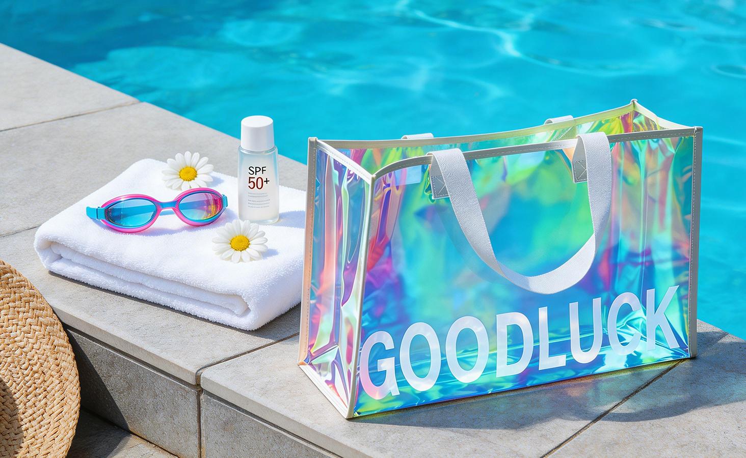 B2LOVER Holographic Iridescent Tote Bags Large Capacity Waterproof Beach Bag Transparent PVC Handbag for Work,Travel,Shopping