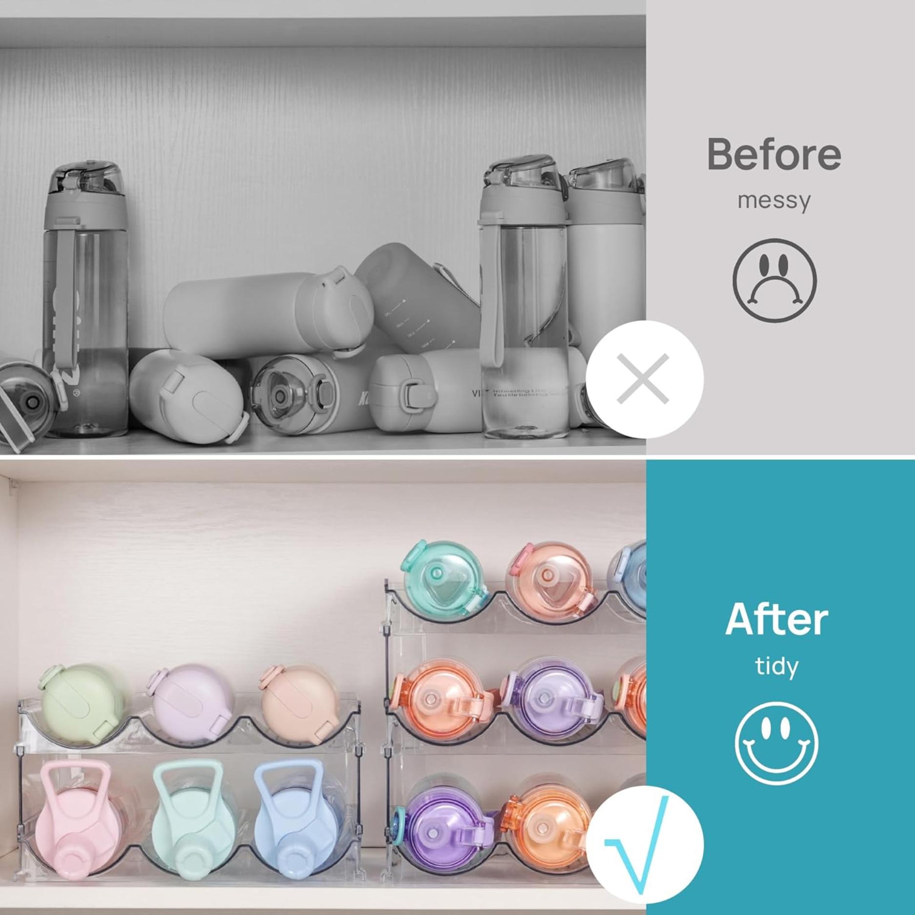 Stackable Water Bottle Organizer Holder, 4 Pack Clear Plastic Cup Storage Rack for Pantry Kitchen Cabinet Cupboard Countertop Organization and Storage, Hold 12 Bottles