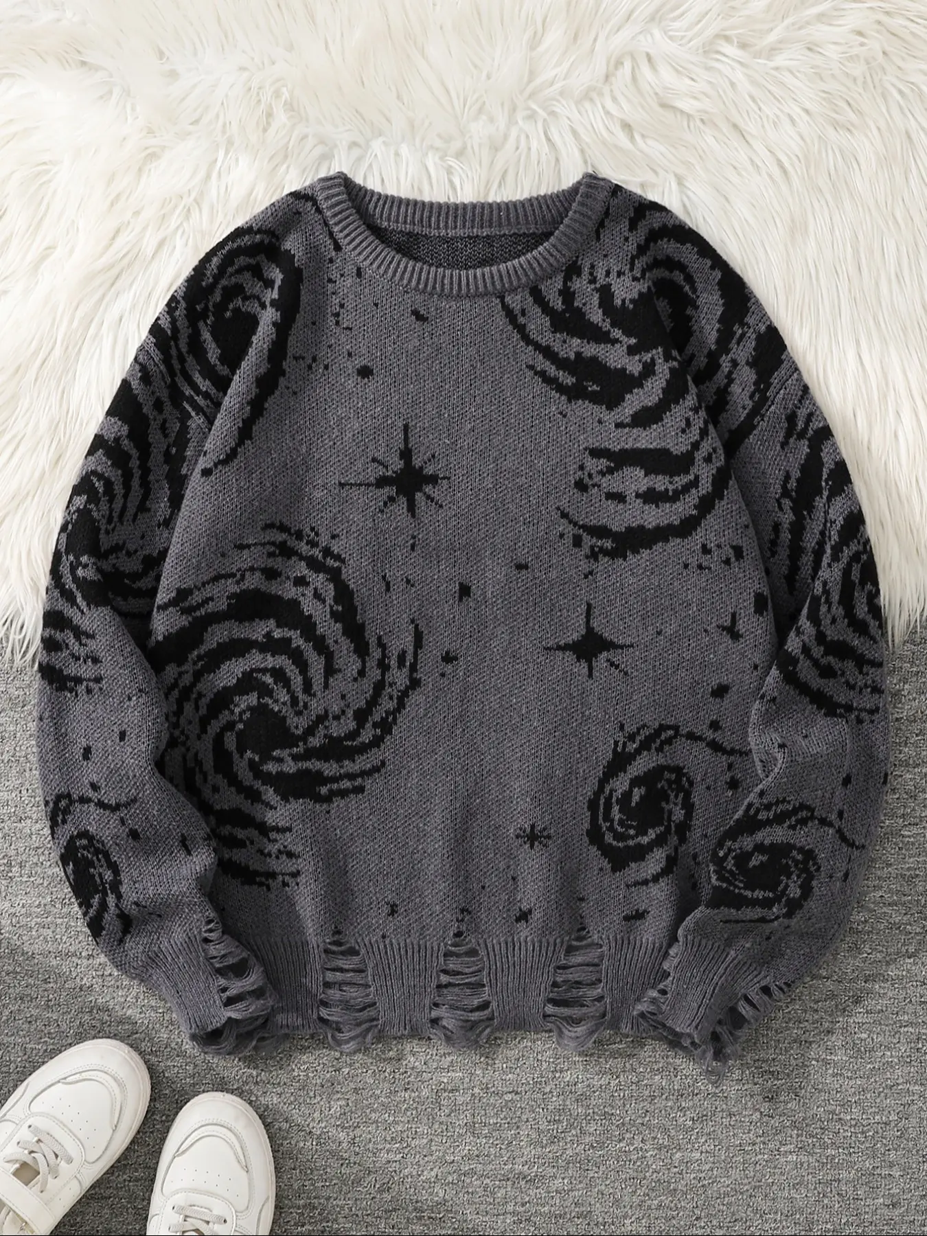 Men's Graphic Galaxy Pattern Ripped Drop Shoulder Knitted Sweater, Loose Fit Knit Street Casual Long Sleeve Round Neck Jumper for Fall & Winter, Fashion Men's Knitwear for Daily Wear, Knitted Clothes