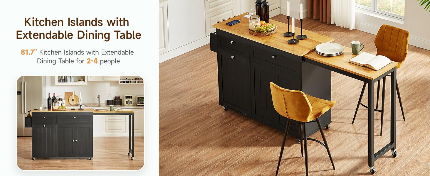 【SPOTLIGHT DAY】ONBRILL 60.2"W Kitchen Island with Two Large Storage Cabinets Drawers Locking Wheels Wood Countertop Power Outlet Spice Rack Paper Towel Holder Rolling Smooth