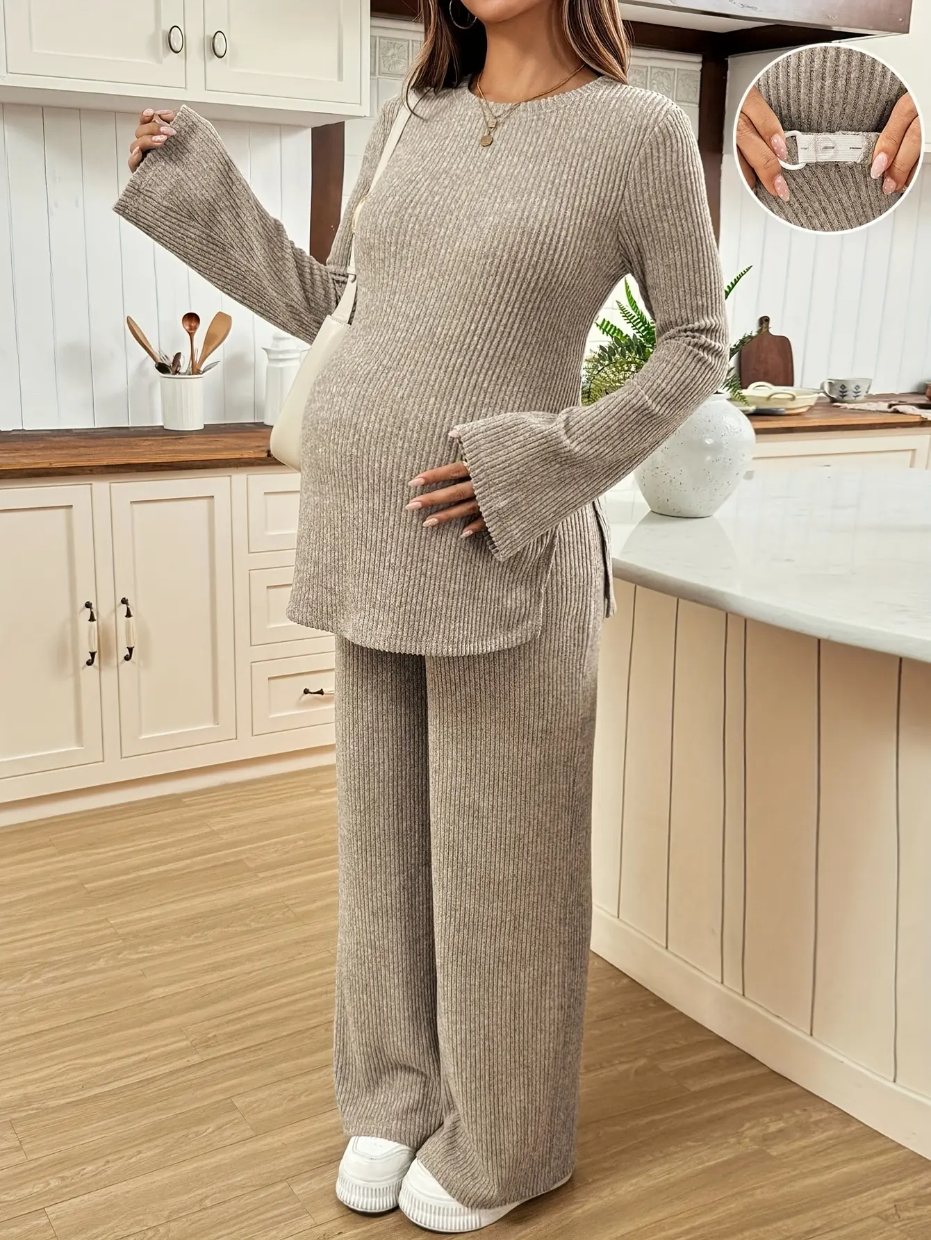 NANCY Maternity Ribbed Knit Maternity 2-Piece Set - Comfortable Long-Sleeve Top & Pants for Pregnancy
