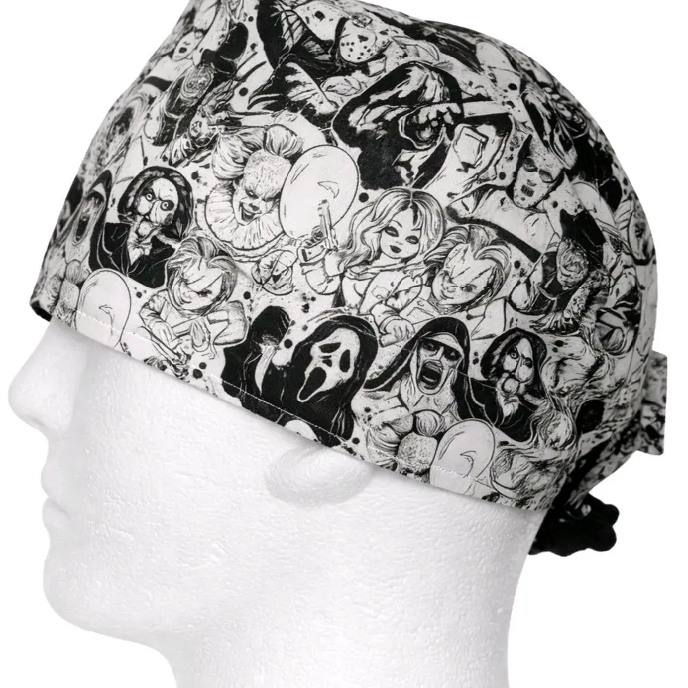 Scary Movies Scrubs Caps Unisex Surgical Hat Horror Surgeon Cap for Technologist Ortho X-ray White Black Short Hair