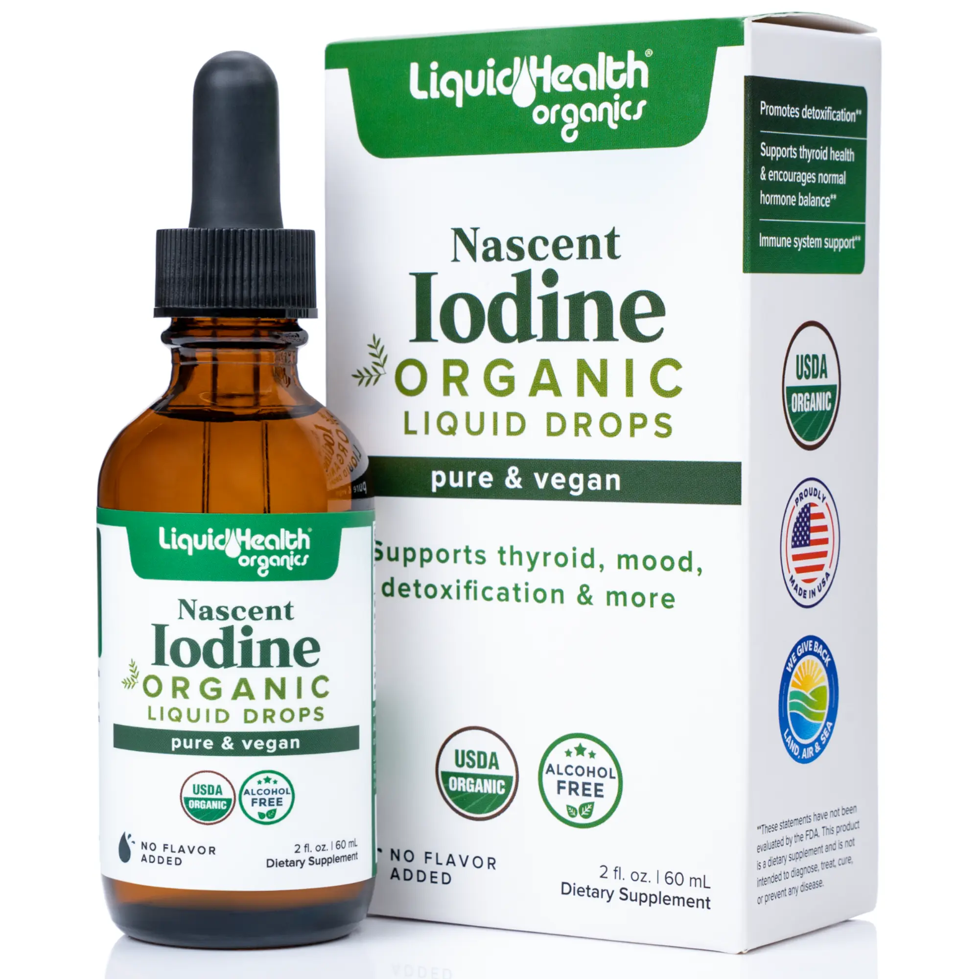 Organic Iodine Liquid Drops 250 mcg | Nascent Iodine Dietary Supplement | Vegan, USDA Organic, Alcohol Free | Daily Wellness Support | 2 fl oz (60 mL)