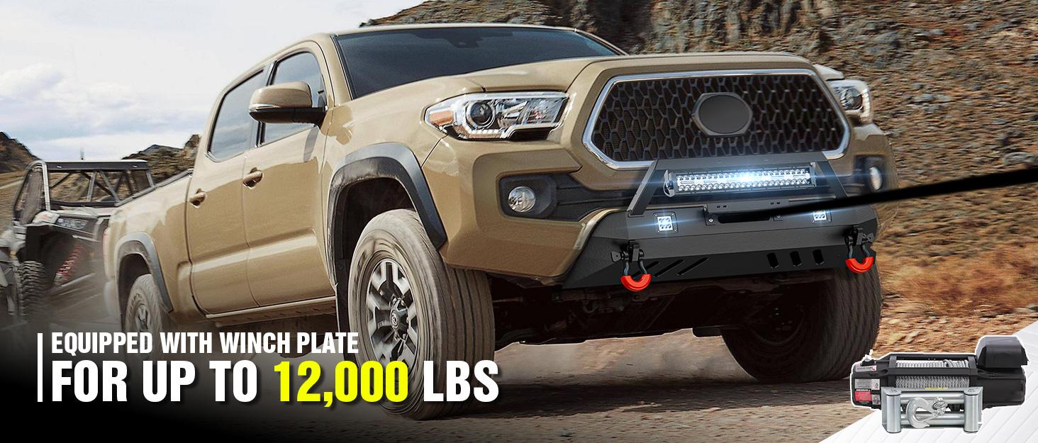 【Yzona】Custom Fit Automotive Aftermarket Front Bumper - Car Exterior Component, Car & Auto Parts Accessories with 18W LED Spotlights, LED Light Bar, License Plate Bracket for 2016-2023 3rd Gen Toyota Tacoma, Car Accessories