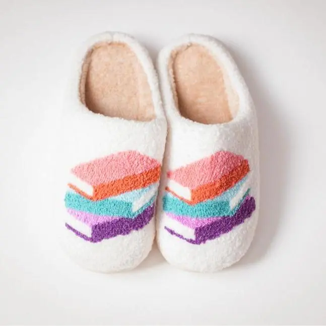 Women's Book Stack Slippers, Soft Comfy Faux Fur Warm Non-Slip Sole, Indoor Outdoor Comfort Footwear Cute Shoes for Girls