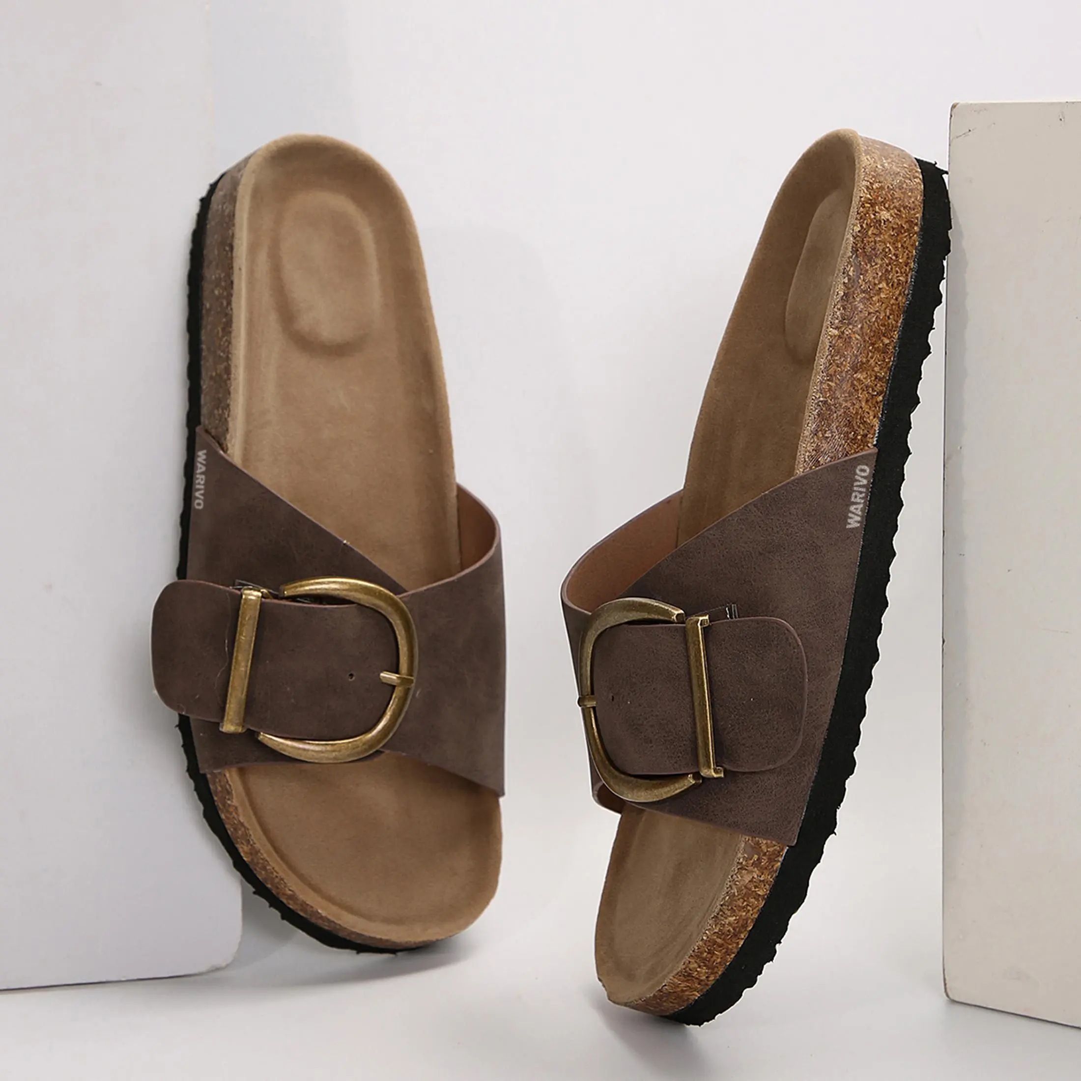 Women's Casual Cork Footbed Slides Buckle Detail Waterproof Flat Sandals Indoor Outdoor Shoes