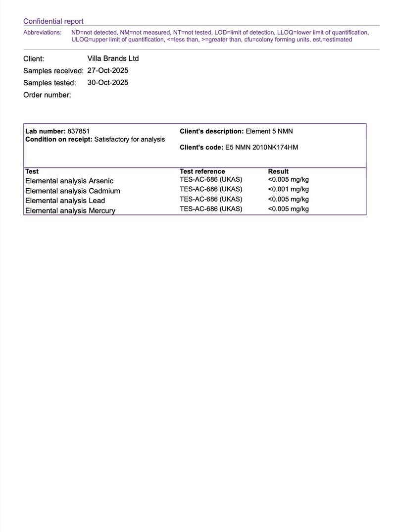 Element 5 NMN – 60 x 500mg Capsules – >99% Pure Nicotinamide Mononucleotide (NMN)