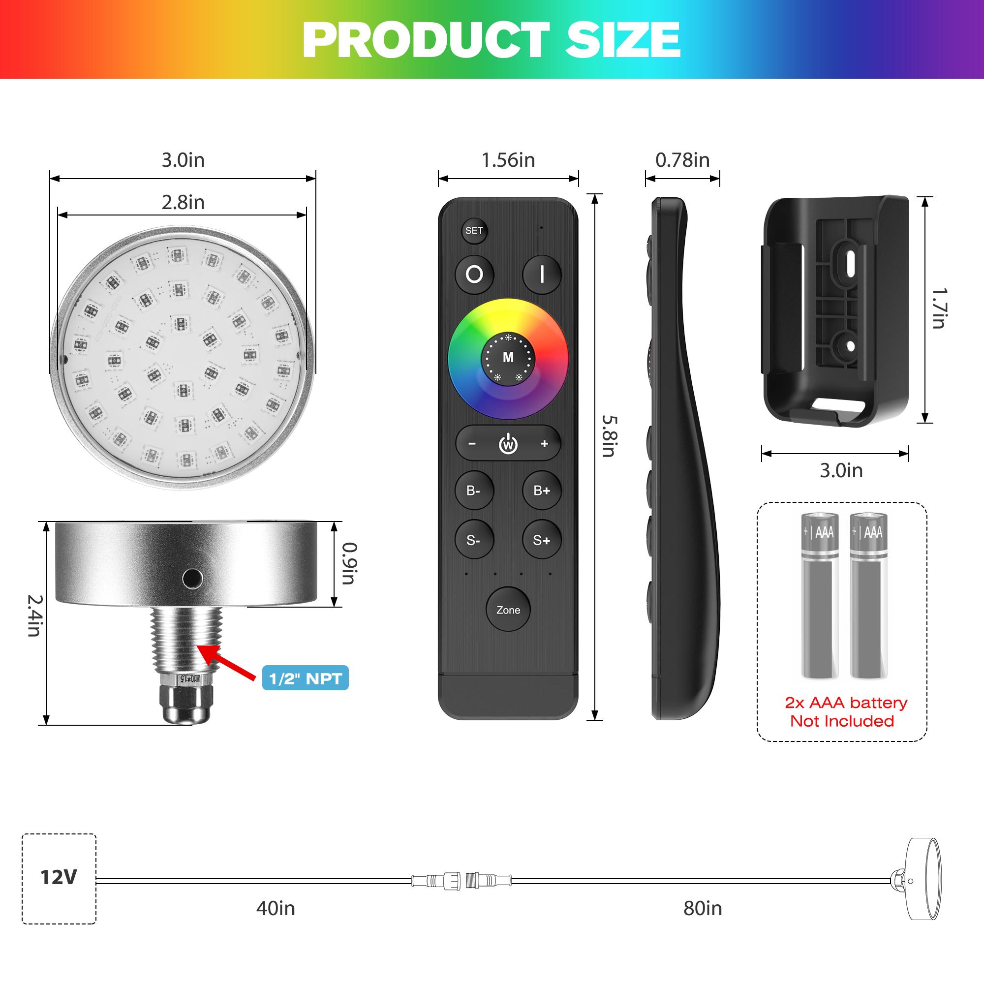 HUSUKU Wireless RGB Underwater Boat Lights, GT Series, DC12V, MAX 120W 12000LM, IP68, All-Metal Body, Wireless Grouping & Control Auto-Sync, Powerful for Yacht Boats Docking Transom