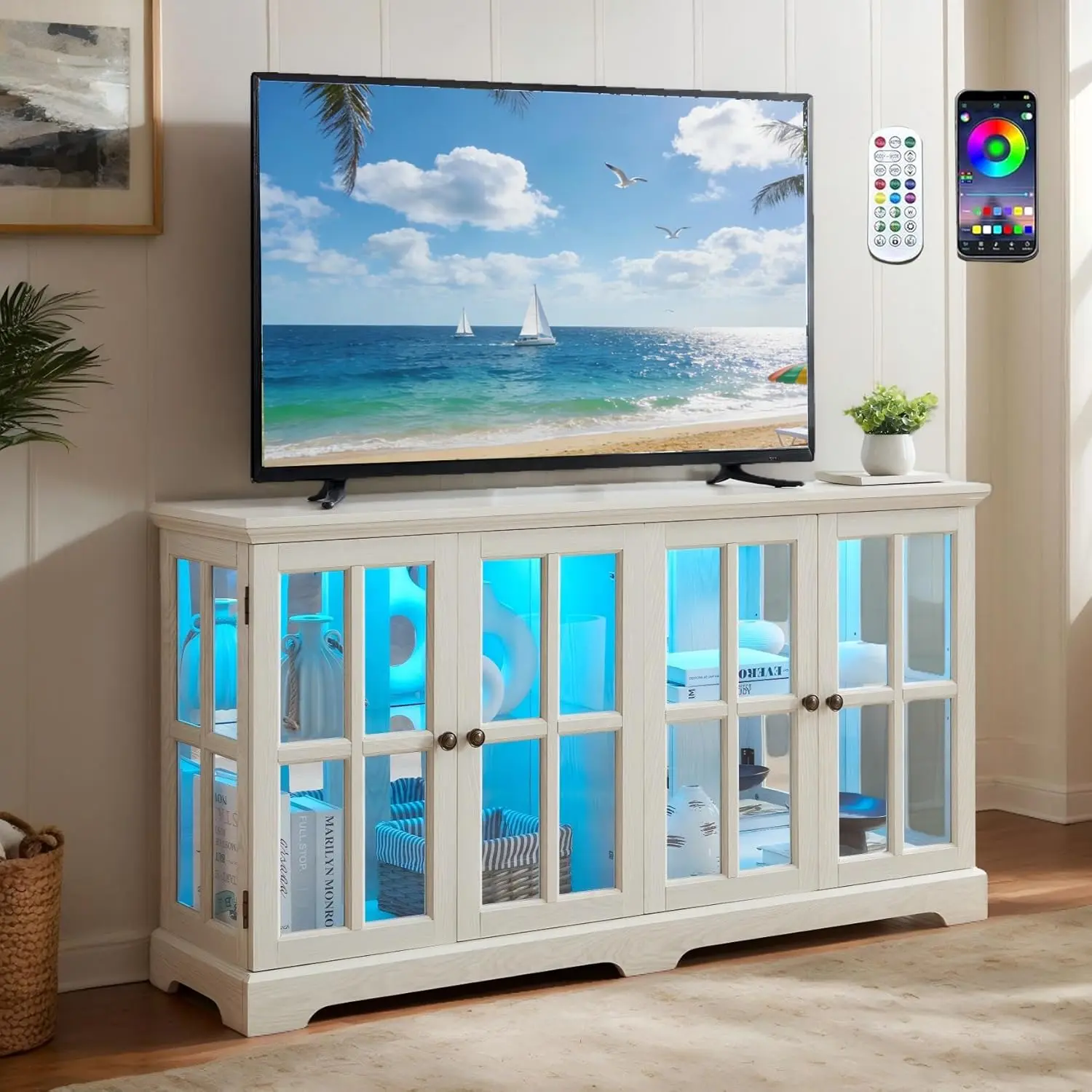 Eyisean 59" Vintage LED Large Storage Glass Curio Cabinet, Smartphone-Controlled 7-Color Lights, Glass Doors, Short Wooden China Cabinet with Adjustable Shelves for Living Room, Entryway, Large Storage Glass Cabinets