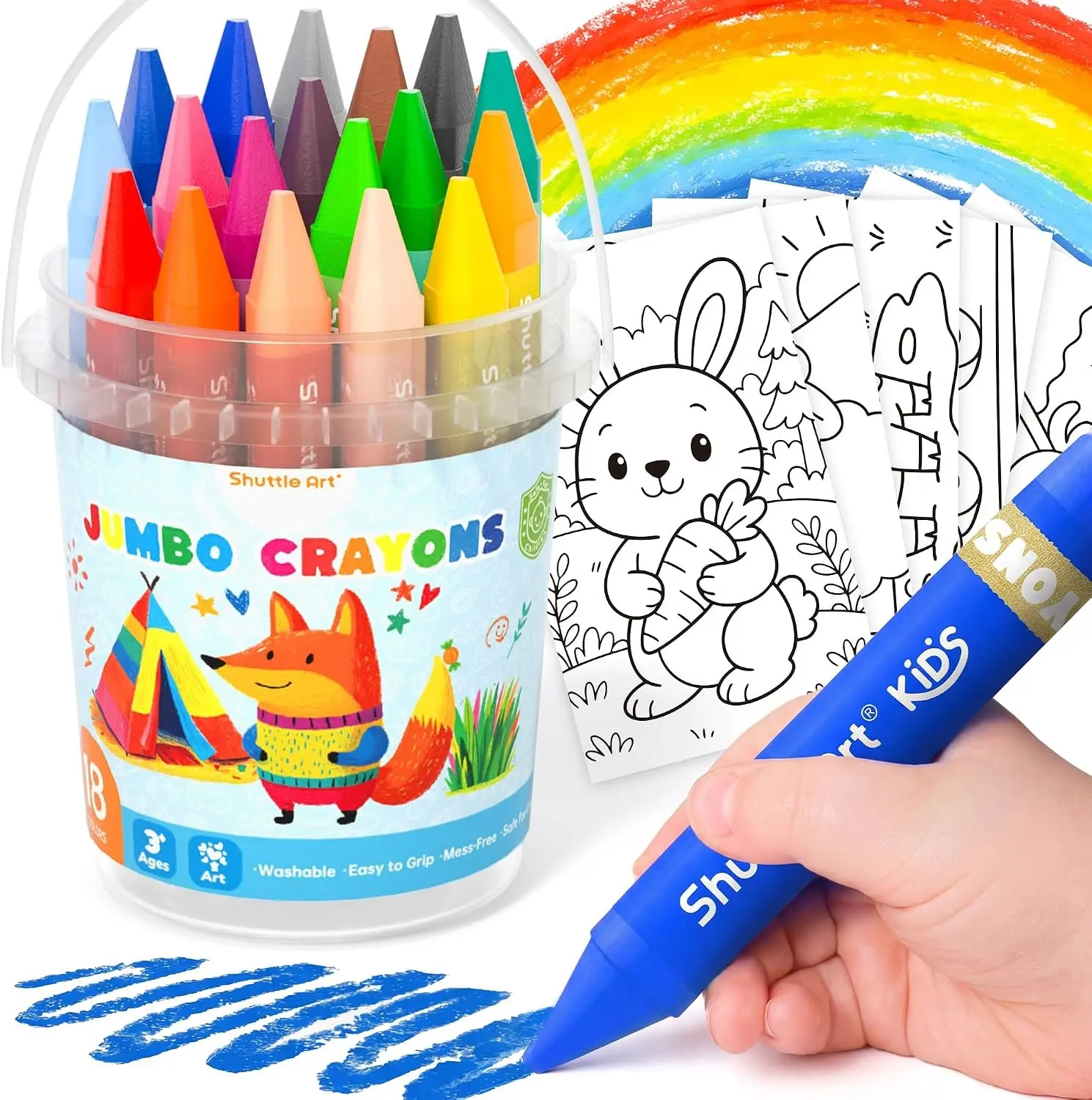 Shuttle Art Jumbo Crayons, 18 Colors Triangle Crayons with Coloring Sheets & PDF Pages, Non Toxic Washable, Coloring Gifts & Mess-Free Art Supplies