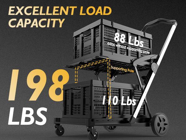 TOOLIOM Heavy-Duty Collapsible Utility Cart, 198Lbs Capacity Folding Trolley with 2 Removable Baskets, Adjustable Aluminum Frame & Quiet Rubber Wheels for Grocery Shopping, Office, Camping and Home