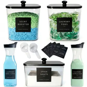 3+2 Pack Laundry Pods Containers & Dryer Sheet Holder & Laundry Detergent Dispenser, Laundry Room Organization and Storage Jars with Lids, Labels and Scoops for Scent Booster, Powder, Pods, Clear Laundry Room Organization Containers