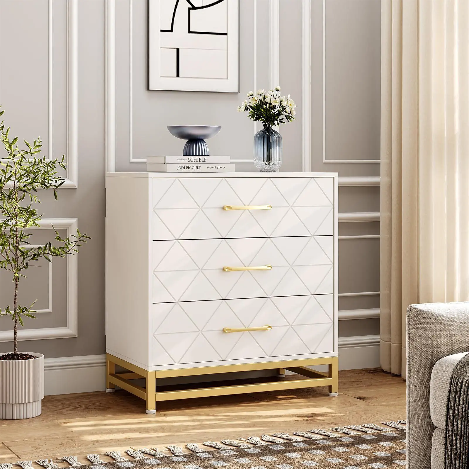 White Wooden Dresser for Bedroom Dressers Chest of Drawers with 3 Drawer Wood Nightstand for Storage and Organization