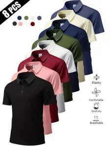 Men’s Summer Short-Sleeve Polo Shirt, Pack of 8 — Ice Silk Seamless Smooth Finish, Available in Multiple Colors; Casual Sports Top for Men, Perfect for Business, Work, Dates, and Home Wear; Travel Essential, Casual Style, Business Casual, Travel Clothing,