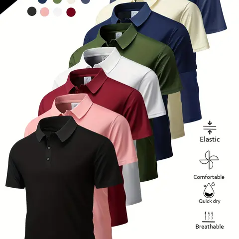 Men’s Summer Short-Sleeve Button Polo Shirts (Pack of 8) - Ice Silk Seamless Smooth Finish, Quick Dry Activewear, Male Clothing, Business-Casual Fit, Multiple Colors for Business, Home Wear