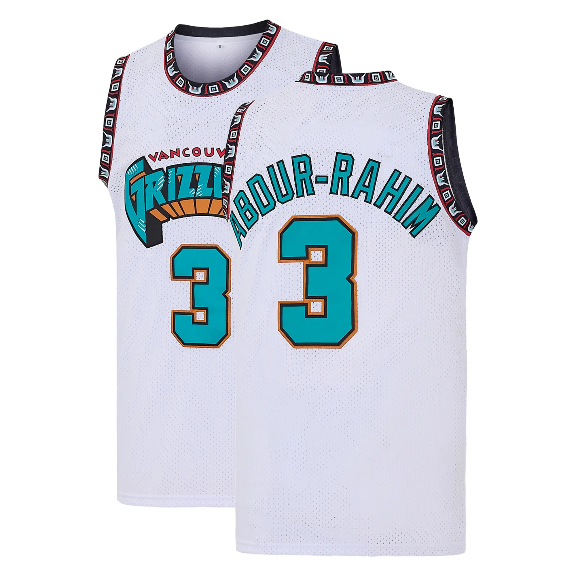 Men's Vancouver Grizzlies Abdur-Rahim #3 White Polyester Sleeveless Basketball Jersey - Full Embroidery, Mesh Breathable, Teal Retro Trim, Professional Training Match Jersey, Fan Gift