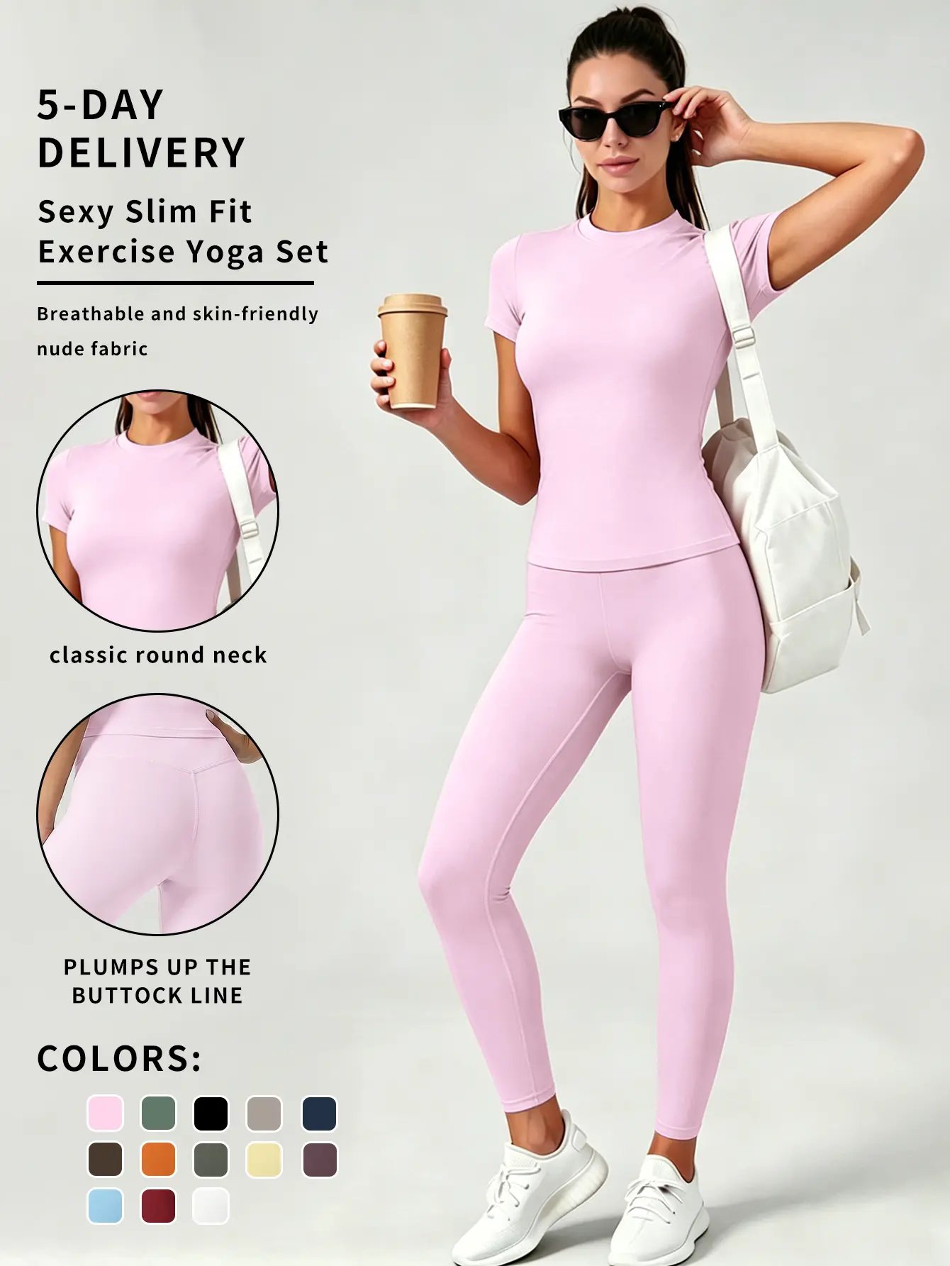 2-Piece Solid-Color Athletic T-Shirt Set Women's Sportswear Set, Slim-Fit RoundNeck Short Sleeves & High-Waisted YogaPants, Ideal for Gym Running OutdoorActivities,  Stretchy Suit Set, Fitness Outfits,Workout Running Outfits-8627