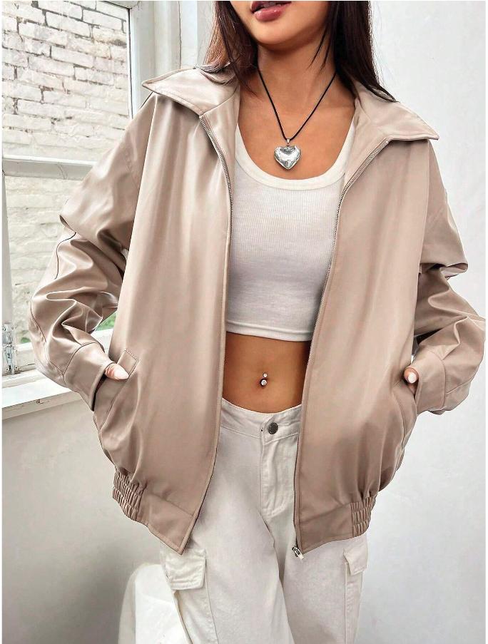Zip Up Drop Shoulder PU Thick Leather Jacket *LooKo