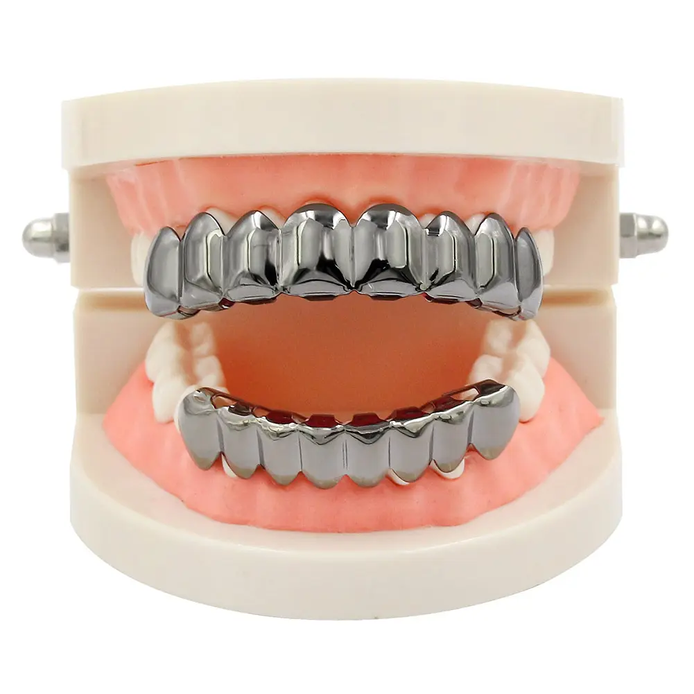 16-Piece Hip Hop Grillz Set, Gold-Plated Smooth Cosmetic Teeth Ornament for Top and Bottom, Unisex Lightweight for Daily & Party Wear, Electroplating Craft, Teeth Accessory, Halloween Costume, Silver Suit, Multi-Pack, Smooth Finish, Fade-Resistant, Fits M