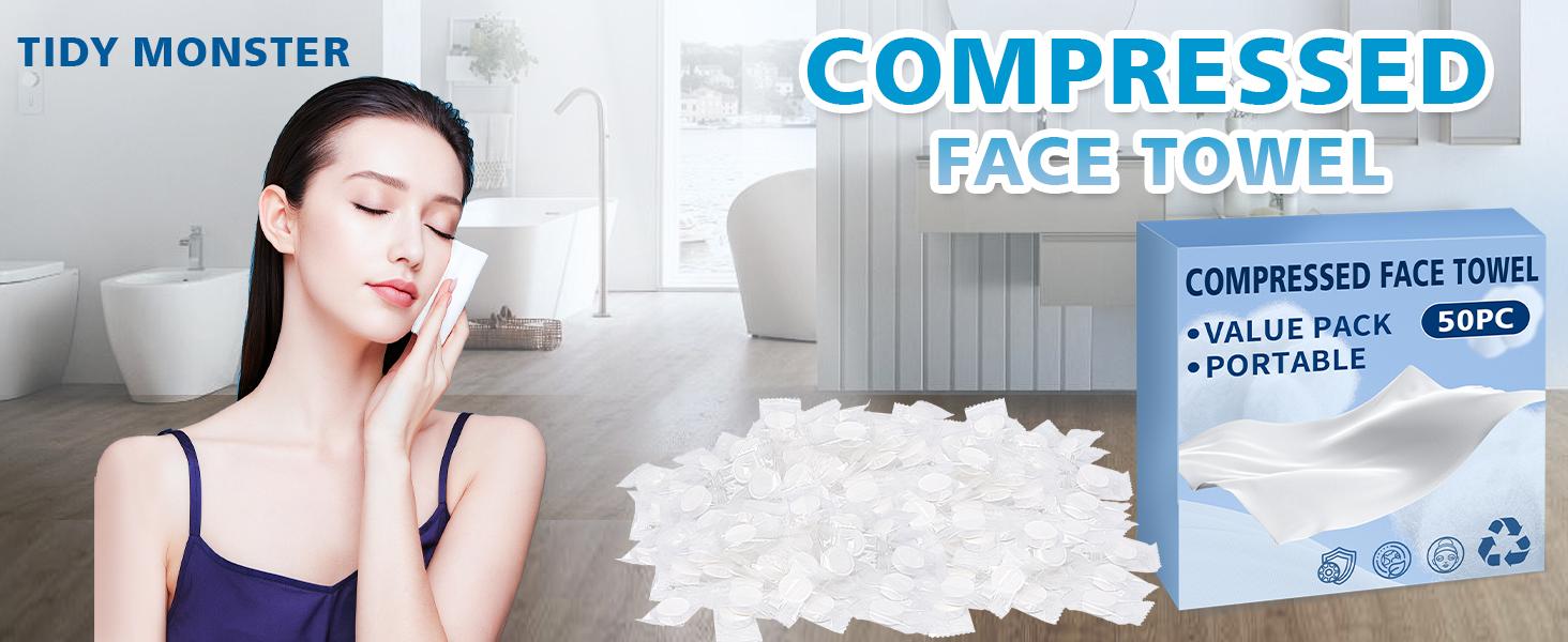 Compressed Towel 50 PCS Mini Tablets Disposable Portable Face Towel Cotton Coin Tissue Eco-Friendly for Travel, Camping, Hiking, Sport, Beauty