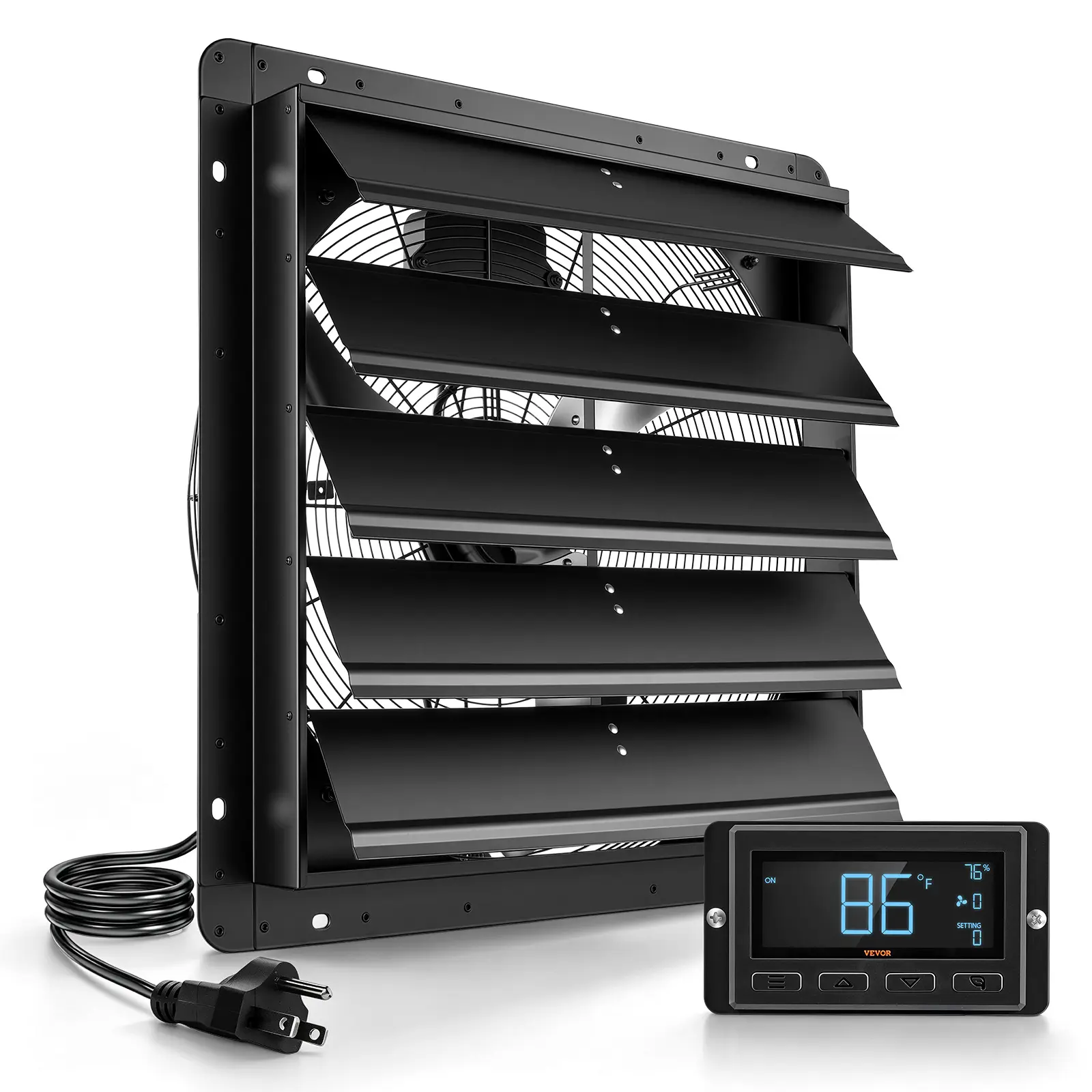 VEVOR 24-Inch Wall-Mounted Shutter Exhaust Ventilation Fan, EC Motor, Automatic Louvers, Steel Housing, Temp & Humidity Controller, Cooling for Attic, Garage, Black