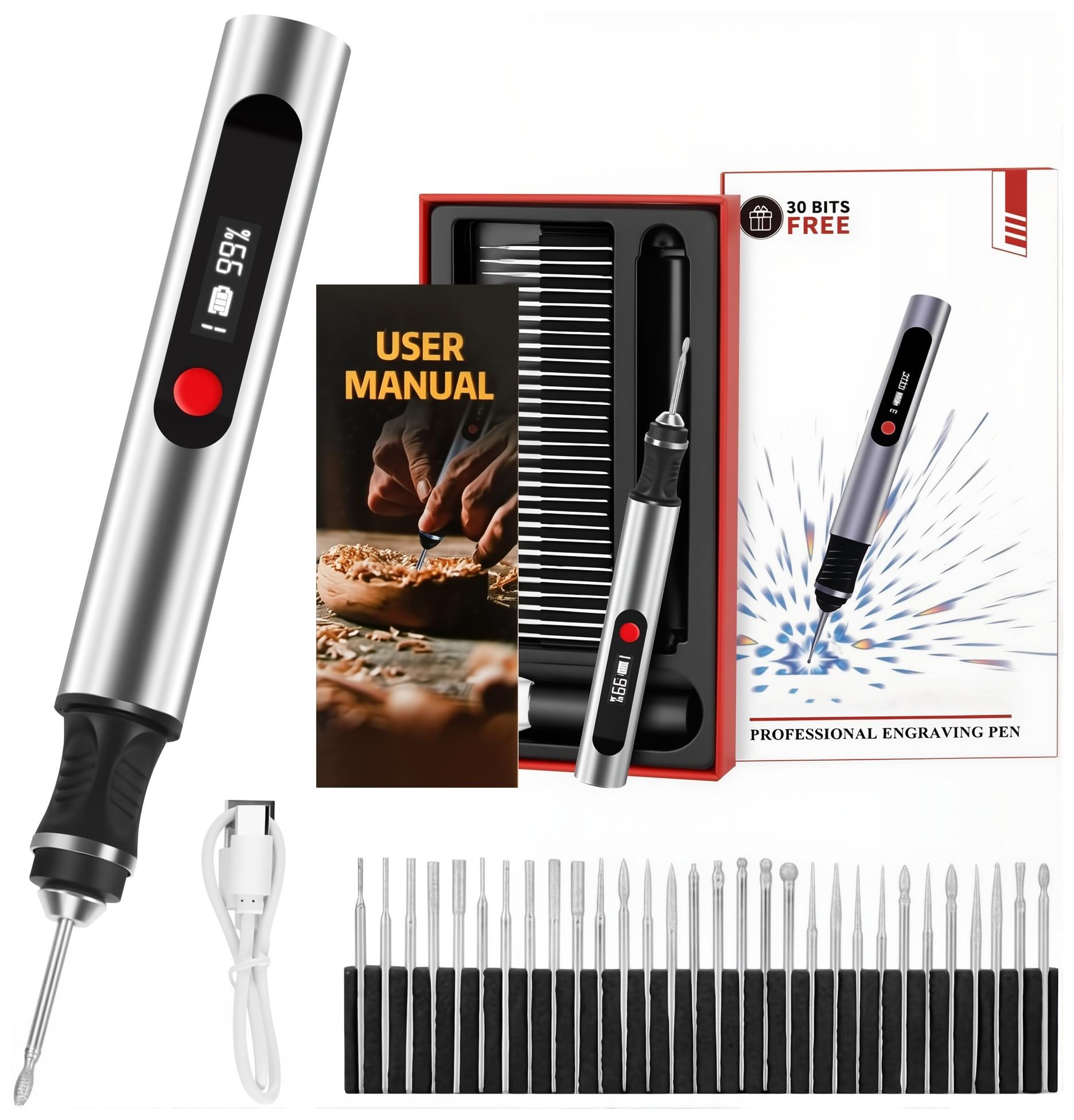 Engraving Pen with 30 Free Diamond Bits for Personalized Gifts & Practice Canvases Easy to Use USB-C Fast Charger 3 Speed Settings 8000-21000 RPM