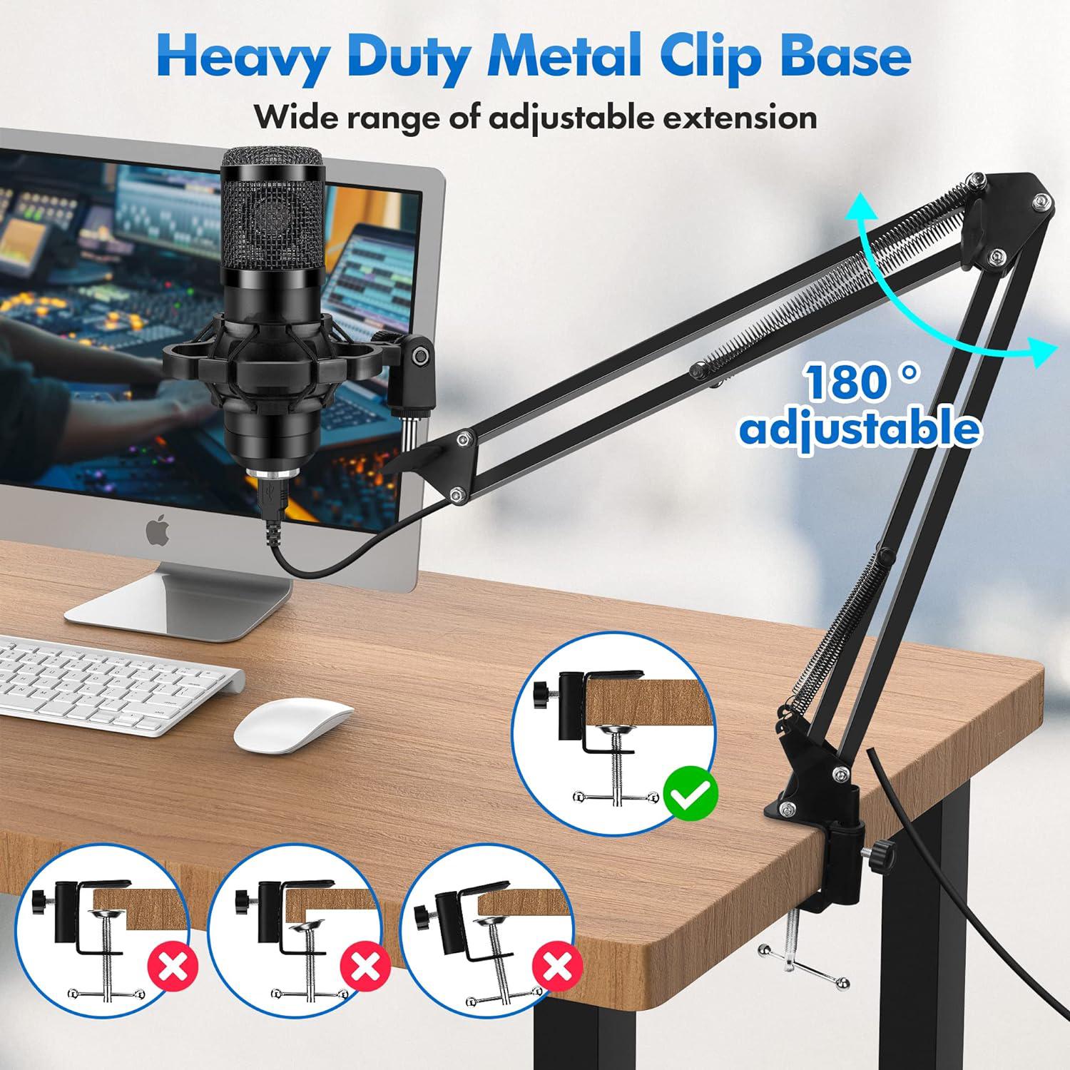 USB Microphone,Professional Microphone 192kHz/24Bit Plug & Play PC Computer Microphone Condenser Cardioid Mic Kit with Adjustable Boom Arm Stand Shock Mount,for Podcast,Streaming,Studio Recording