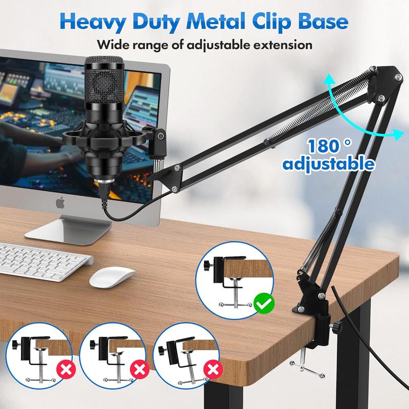 USB Microphone,Professional Microphone 192kHz/24Bit Plug & Play PC Computer Microphone Condenser Cardioid Mic Kit with Adjustable Boom Arm Stand Shock Mount,for Podcast,Streaming,Studio Recording