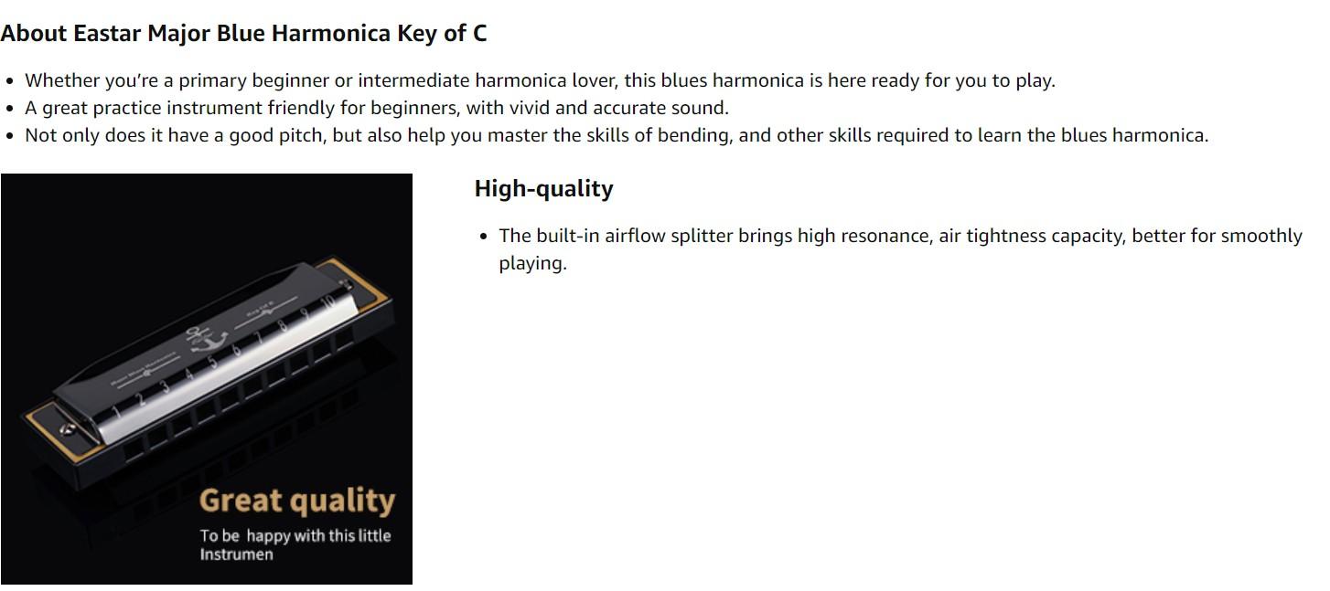 Eastar Major Blues Harmonica, 10 Holes C Key Beginner Harmonica for Kids Children Adults Students, with Hard Case and Cloth, Black Eastar Major Blues Harmonica, 10 Holes C Key Beginner Harmonica for Kids Children Adults Students, with Hard Case and Cloth, Black