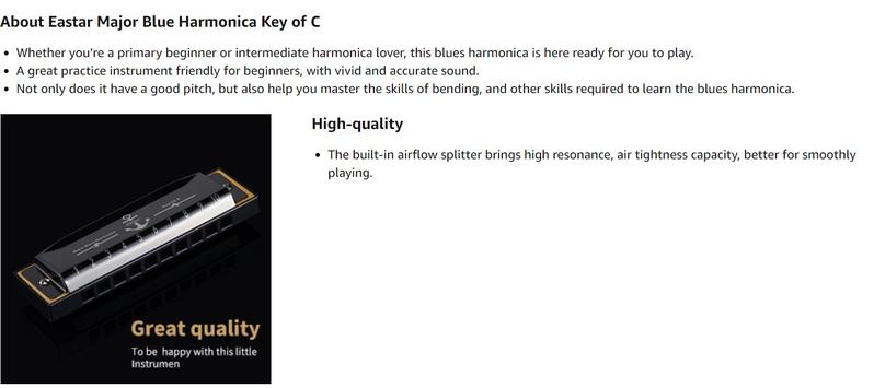 Eastar Major Blues Harmonica, 10 Holes C Key Beginner Harmonica for Kids Children Adults Students, with Hard Case and Cloth, Black