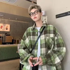 Vintage Green Plaid Shirt Jacket Loose Fit Long Sleeve Casual Style Men Women Spring Autumn Collection 2023 New Bf Style