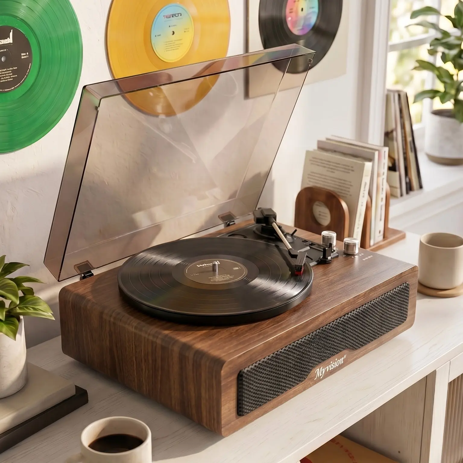Myvision Vintage Wood Rechargeable 3-Speed Turntable - 33-1/3,45,78 RPM Bluetooth Portable Record Player with Stereo Speakers,RCA Line Out,AUX In,Headphone Jack,for 7/10/12-Inch Vinyl Record Albums,Bedroom Accessory,Mother's Day Gift