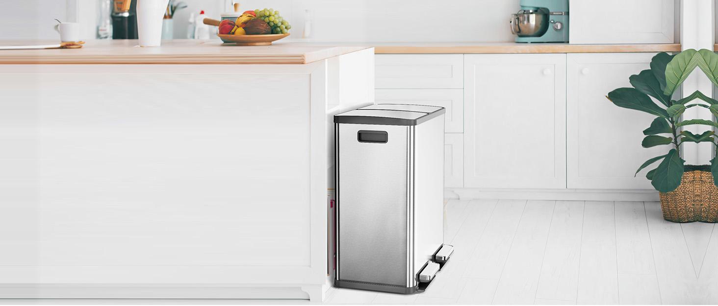 HomeSquad Kitchen Trash Can with Lid, 2 x 8 Gallon Garbage Can, with Soft-Close Foot Pedal and Removable Inner Bucket, 60 Liter Large Stainless Waste Bin for Bathroom Bedroom Home Office