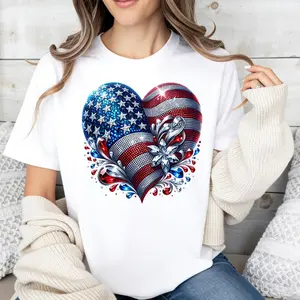 American Flag Heart Design Cotton Casual Crew Neck Short Sleeve Regular Sleeve Summer T-Shirt Machine Washable Not Dry Clean