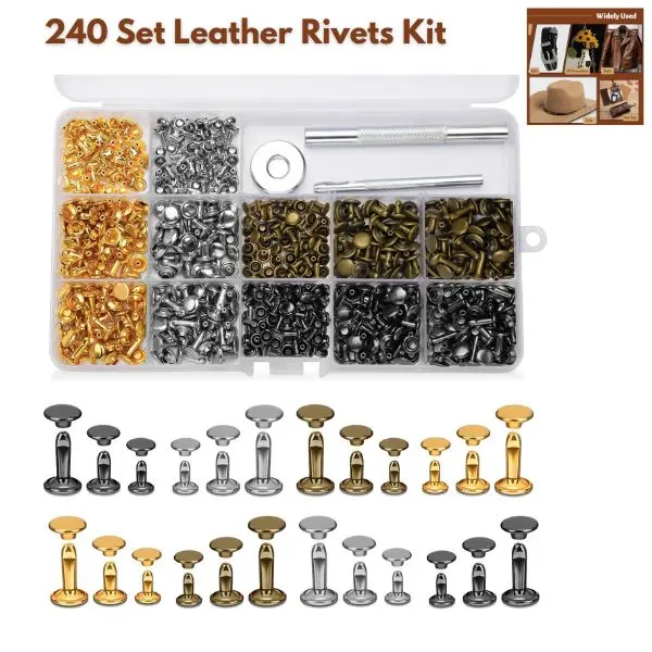 240 Set Leather Rivets Kit – Double Cap Rivets in 3 Sizes  with Setting Tools, Leather Craft Supplies for DIY Repair, Belts, Bags, Wallets & Jewelry Making