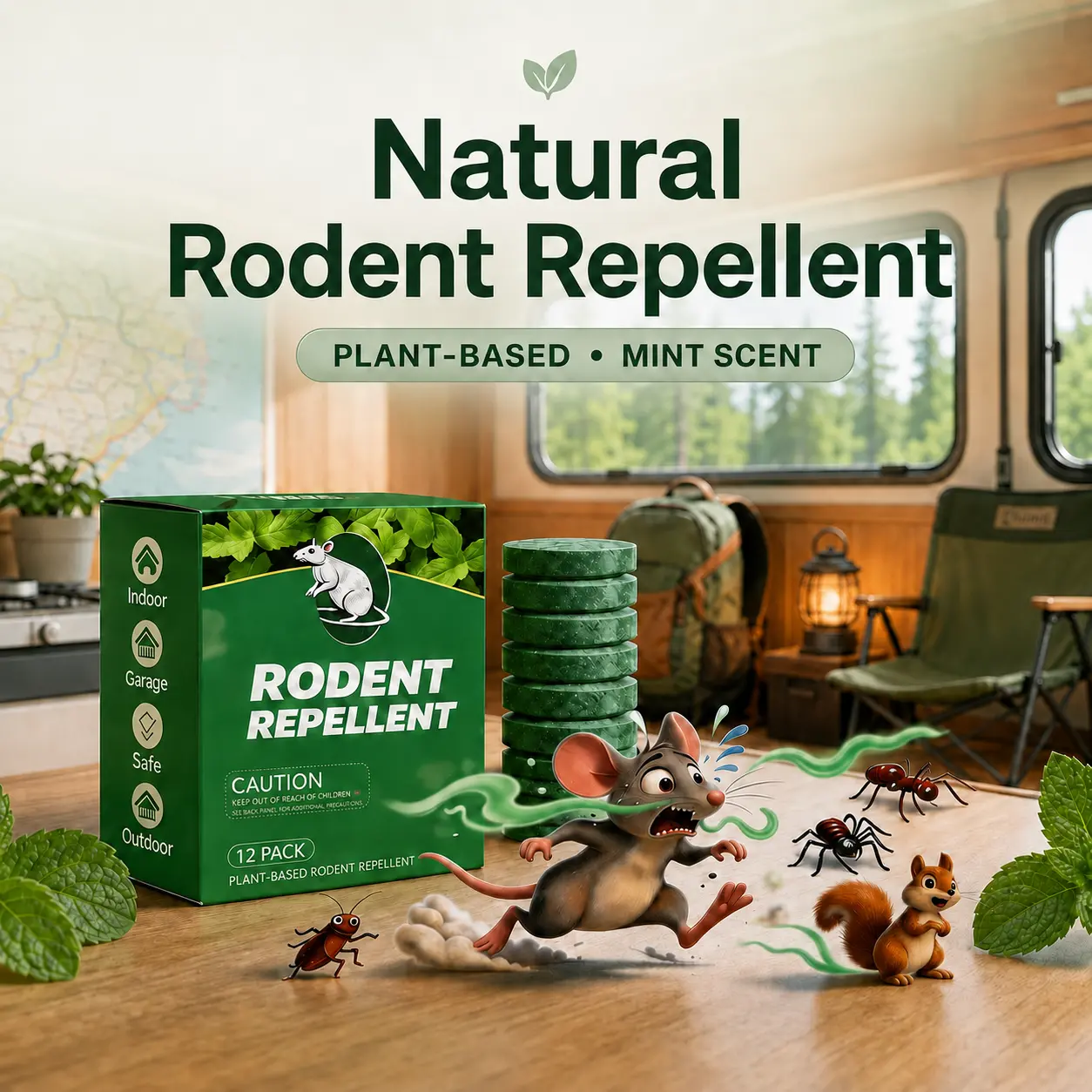 Natural Rodent Repellent Tablets, Plant-Based Fresh Mint Scent Mouse & Rat Deterrent for Outdoor and outdoor, Garage, Car, RV, Storage & Outdoor Use, 12 Pack