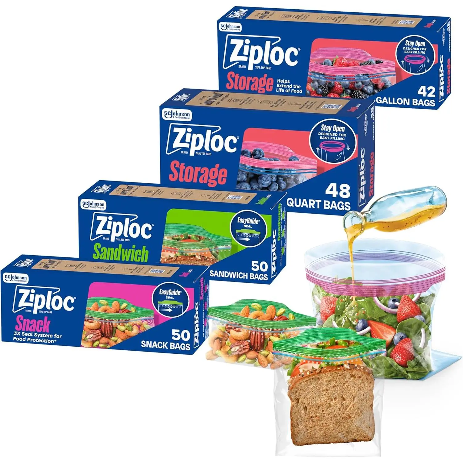Ziploc Brand 190 Count Storage Bags Variety Pack, 42ct Storage Gallon and 48ct Storage Quart with Stay Open Design, 50ct Sandwich and 50ct Snack with Grip N Seal Technology (Packaging May Vary)