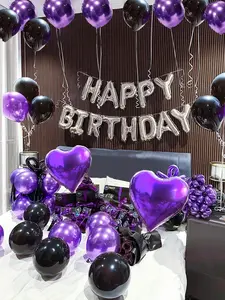 61PCS Silver Happy Birthday Balloon Decorations Letter Foil Balloons Black Purple Latex Balloons Heart Foil Balloons for Birthday Party Backdrop Decor