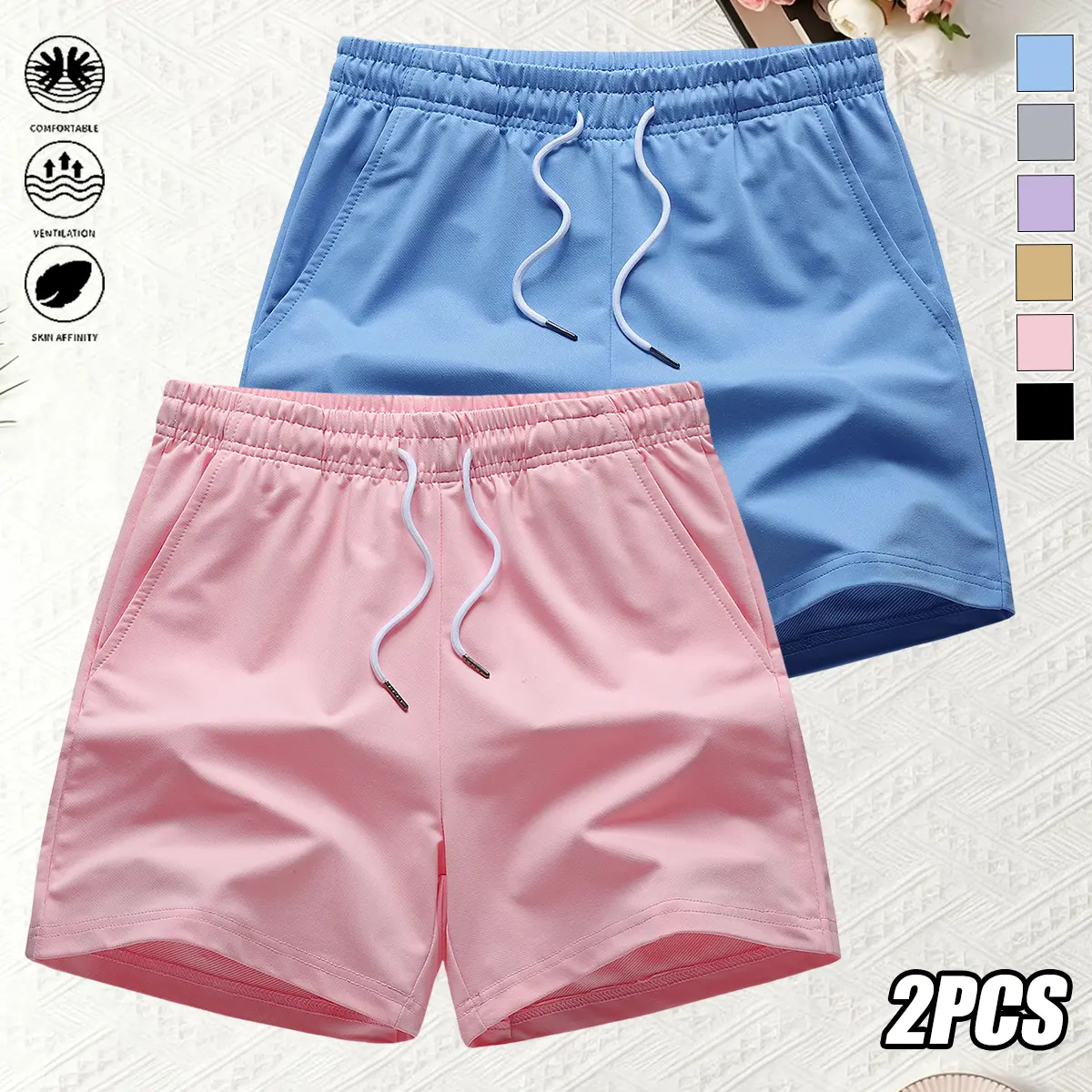 Women's 2-Pack Basic Solid Athletic Casual Bottoms - Mid-Waist, Multi-Pocket Drawstring Belt Lightweight Utility Shorts for Gym Workouts, Lounging