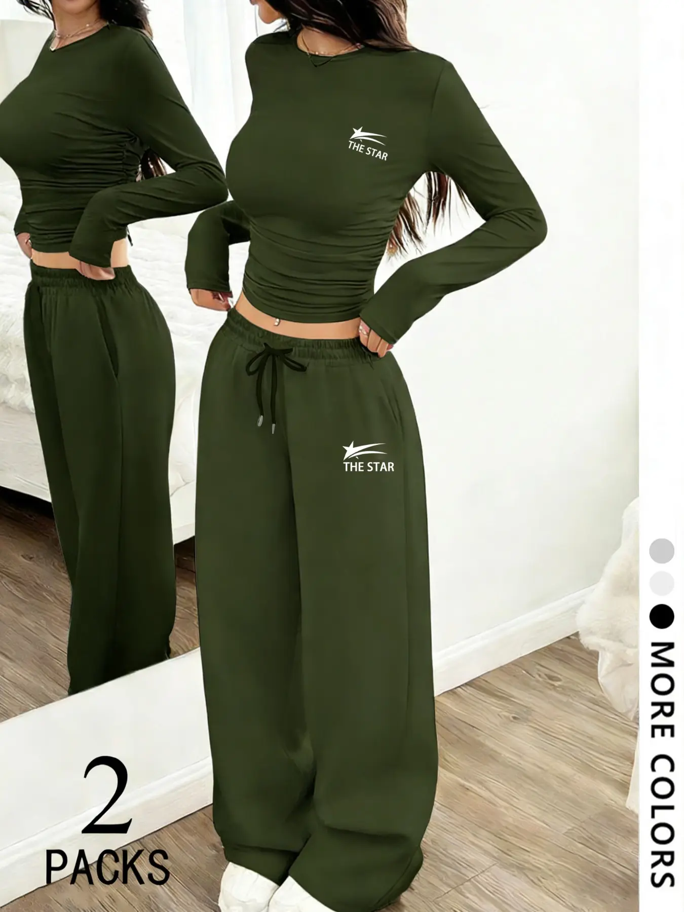 Women's 2-Piece Casual Set, Sporty Casual Wear, Yoga clothes set, High-stretch, breathable fabric with THE STAR print, Slim ruched long-sleeve top + loose drawstring wide-leg sweatpants, Multiple colors, Casual for yoga, daily outings