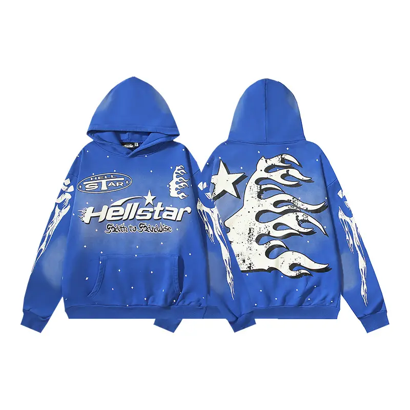 HELLSTAR Certified Professional Y2K Premium Washed Blue Pullover Hoodie Paint Splatter Flaming Face Silhouette Mens Standard Fit
