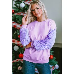 Purple Sequin Long Sleeve Pullover Sweatshirt