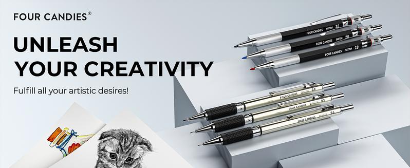 Four Candies 25PCS Art Mechanical Pencil Set with Case, 3PCS Metal Artist Lead Pencil 0.5, 0.7, 0.9 mm & 3PCS 2mm Holder (HB 2H 2B 4B Color) with 432PCS Graphite Lead Refills for Drawing Sketching Office School Supplies, Christmas gifts